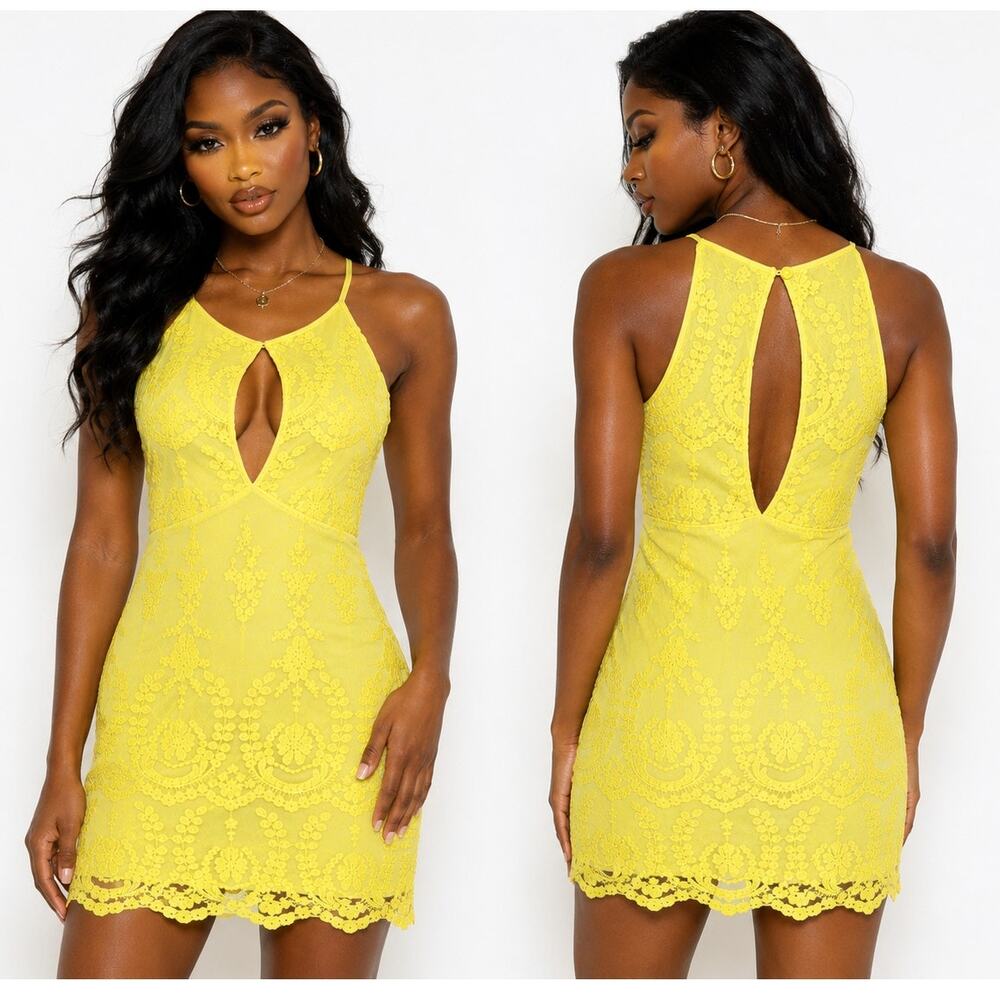 Dance & Marvel Womens Small Yellow Embroidered Lace Mini Dress Sheer Keyhole
